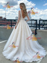 White Tulle V-neck Appliques Prom Dress