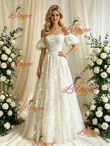 Ivory Lace Off the Shoulder Lace Puff Sleeve Wedding Dress