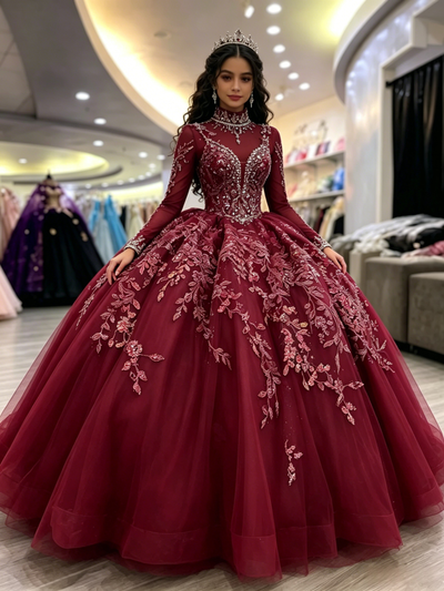 Burgundy Tulle Long Sleeve High Neck Beading Quinceanera Dress