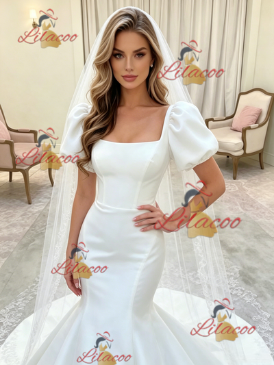 White Mermaid Puff Sleeve Wedding Dress