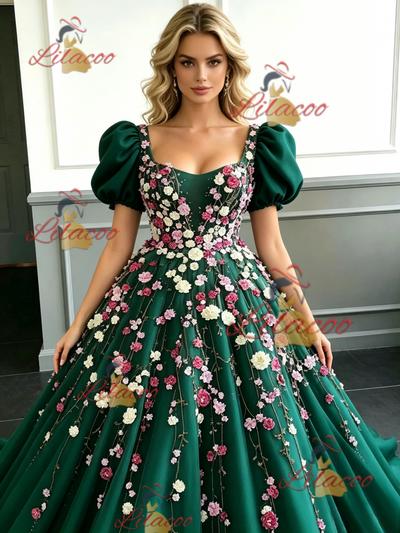 Green Tulle Puff Sleeve Appliques Prom Dress