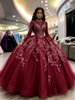Burgundy Tulle Long Sleeve High Neck Beading Quinceanera Dress