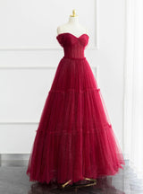 Burgundy Tulle Pleats Off the Shoulder Prom Dress
