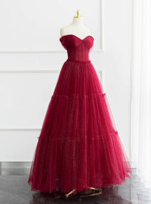 Burgundy Tulle Pleats Off the Shoulder Prom Dress