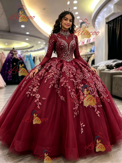 Burgundy Tulle Long Sleeve High Neck Beading Quinceanera Dress
