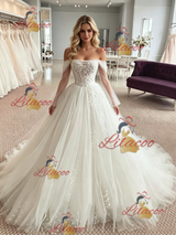 White Tulle Long Sleeve Appliques Wedding Dress