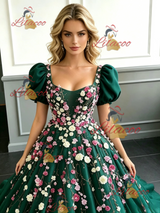 Green Tulle Puff Sleeve Appliques Prom Dress