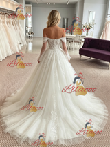 White Tulle Long Sleeve Appliques Wedding Dress