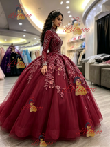 Burgundy Tulle Long Sleeve High Neck Beading Quinceanera Dress