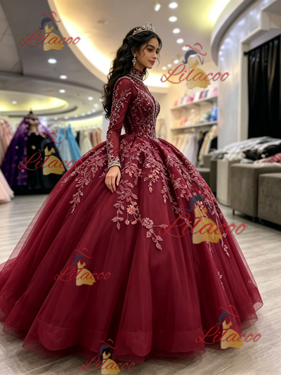 Burgundy Tulle Long Sleeve High Neck Beading Quinceanera Dress