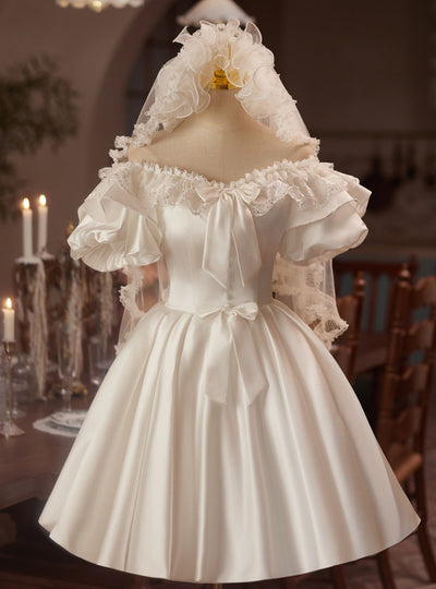 White Satin Puff Sleeve Wedding Dress