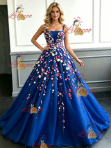 Blue Tulle Straps Appliques Prom Dress