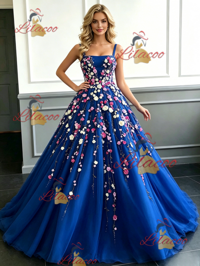 Blue Tulle Straps Appliques Prom Dress