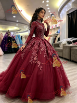 Burgundy Tulle Long Sleeve High Neck Beading Quinceanera Dress