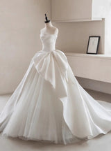 Simple White Satin Tulle Strapless Wedding Dress
