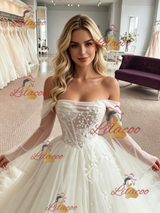 White Tulle Long Sleeve Appliques Wedding Dress