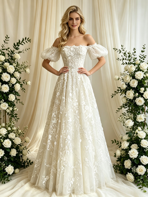 Ivory Lace Off the Shoulder Lace Puff Sleeve Wedding Dress