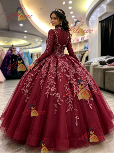 Burgundy Tulle Long Sleeve High Neck Beading Quinceanera Dress