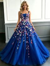 Blue Tulle Straps Appliques Prom Dress