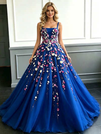 Blue Tulle Straps Appliques Prom Dress