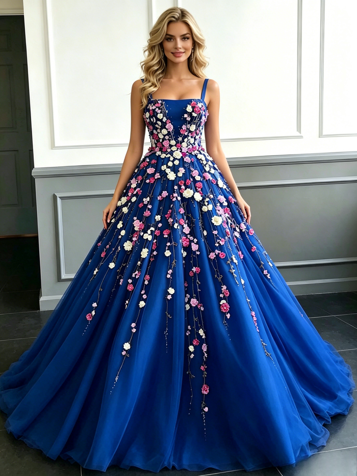 Blue Tulle Straps Appliques Prom Dress