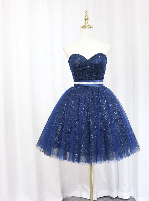 Blue Tulle Sequins Strapless Pleats Homecoming Dress