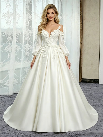 White Satin Short Sleeve Straps Flower Wedding Dress