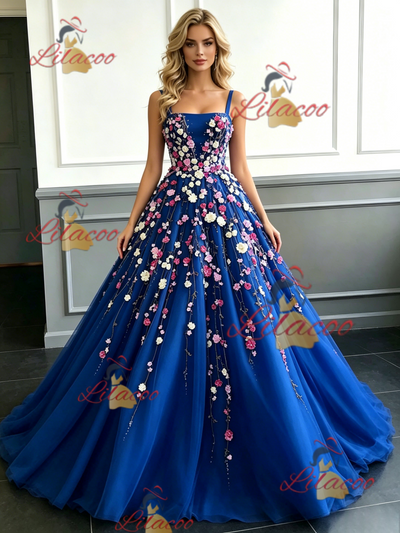 Blue Tulle Straps Appliques Prom Dress