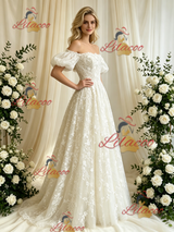Ivory Lace Off the Shoulder Lace Puff Sleeve Wedding Dress