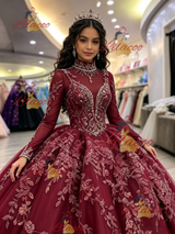 Burgundy Tulle Long Sleeve High Neck Beading Quinceanera Dress