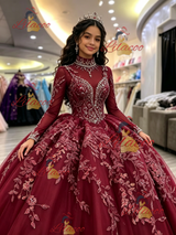 Burgundy Tulle Long Sleeve High Neck Beading Quinceanera Dress