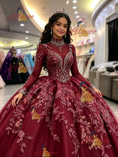 Burgundy Tulle Long Sleeve High Neck Beading Quinceanera Dress