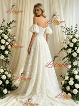 Ivory Lace Off the Shoulder Lace Puff Sleeve Wedding Dress