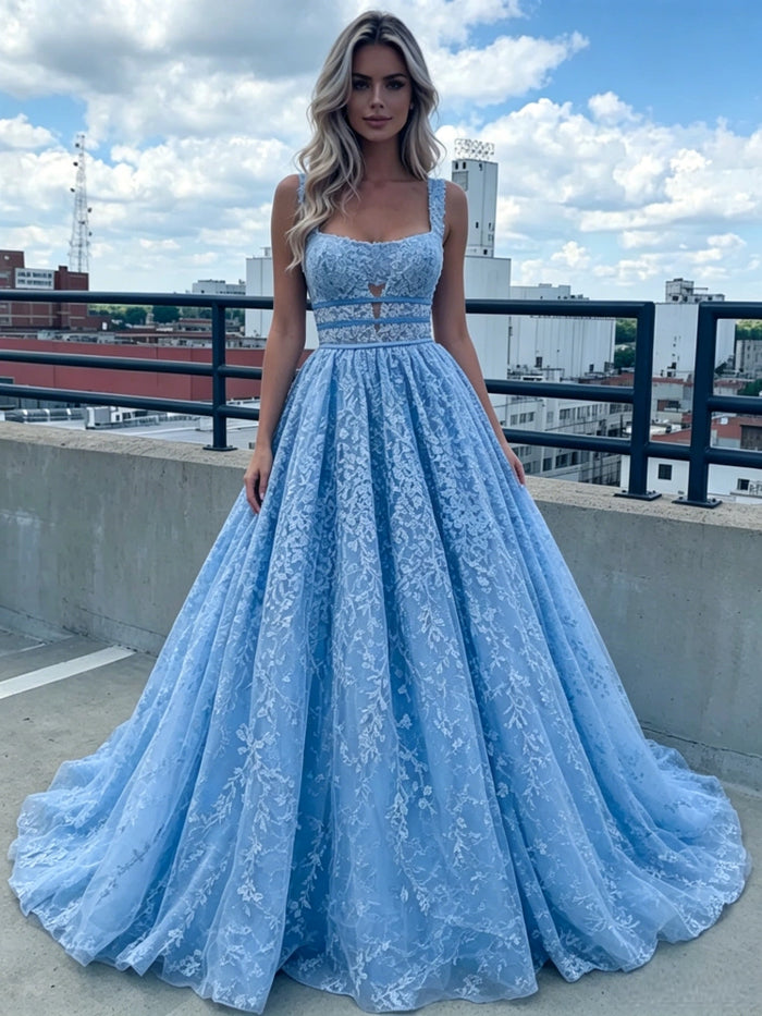Blue Lace Straps Prom Dress