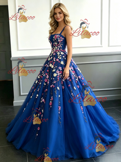 Blue Tulle Straps Appliques Prom Dress