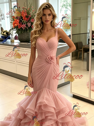 Pink Mermaid Straps Pleats Prom Dress