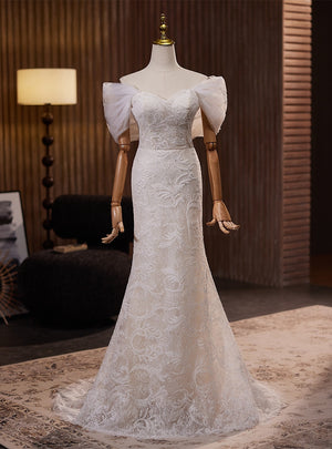 White Mermaid Lace Off the Shoulder Wedding Dress
