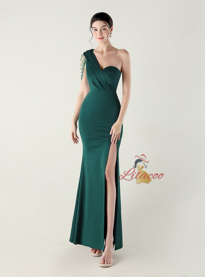 One Shoulder Split Beading Prom Dress