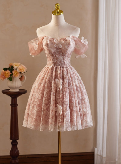 Pink Tulle Lace 3D Flower Homecoming Dress