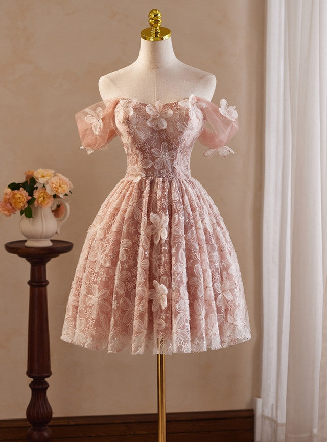 Pink Tulle Lace 3D Flower Homecoming Dress