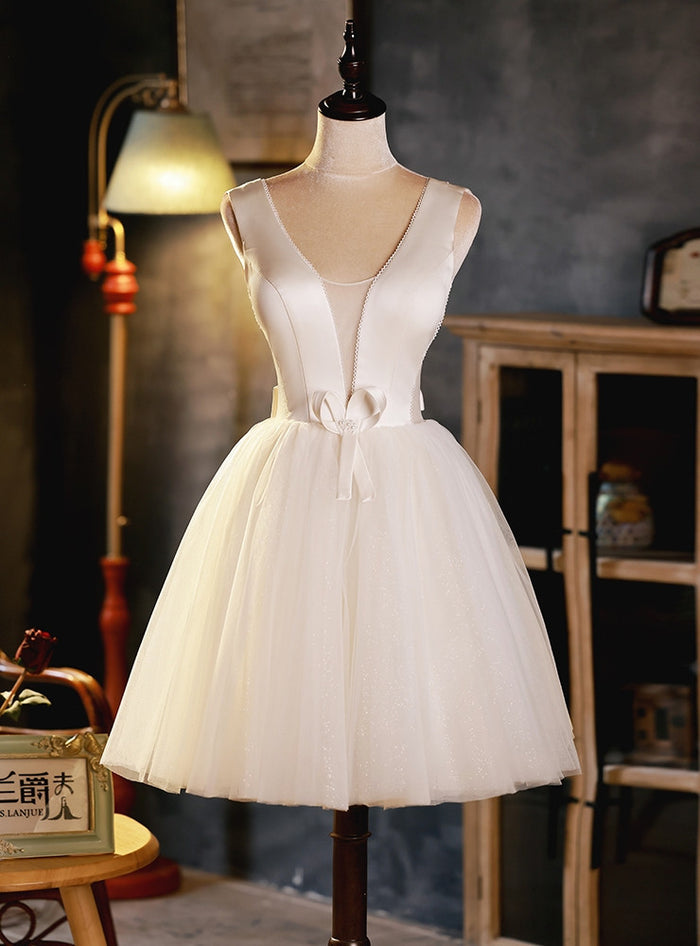 Ivory Tulle Satin V-neck Homecoming Dress