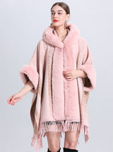 Fur-neck Hooded Jacquard Cloak Shawl