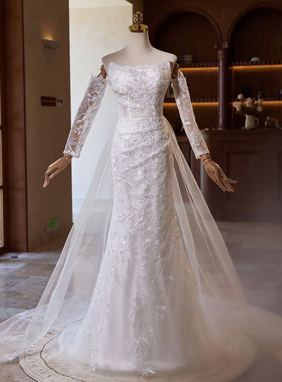 White Mermaid Lace Tulle Long Sleeve Wedding Dress