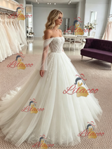 White Tulle Long Sleeve Appliques Wedding Dress