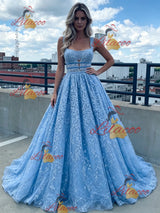Blue Lace Straps Prom Dress