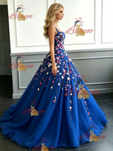 Blue Tulle Straps Appliques Prom Dress