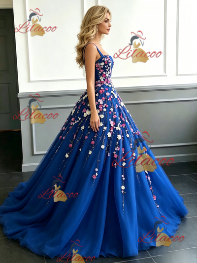 Blue Tulle Straps Appliques Prom Dress