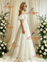 Ivory Lace Off the Shoulder Lace Puff Sleeve Wedding Dress
