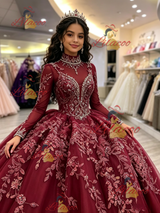 Burgundy Tulle Long Sleeve High Neck Beading Quinceanera Dress