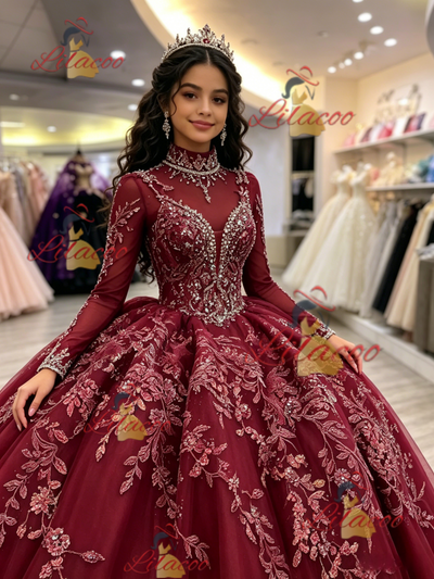Burgundy Tulle Long Sleeve High Neck Beading Quinceanera Dress